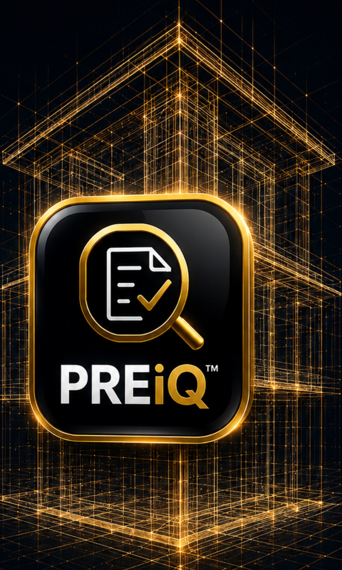 PREiQ app icon over a gold wireframe rendering of a building